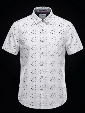 Cactus Man White Short Sleeve Button-Up Shirt with Bird Print - Slim Fit.